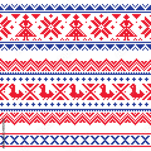 Sami band or belrd vector design, Lapland cross-stitch vector pattern, folk art Scandinavian, Nordic style