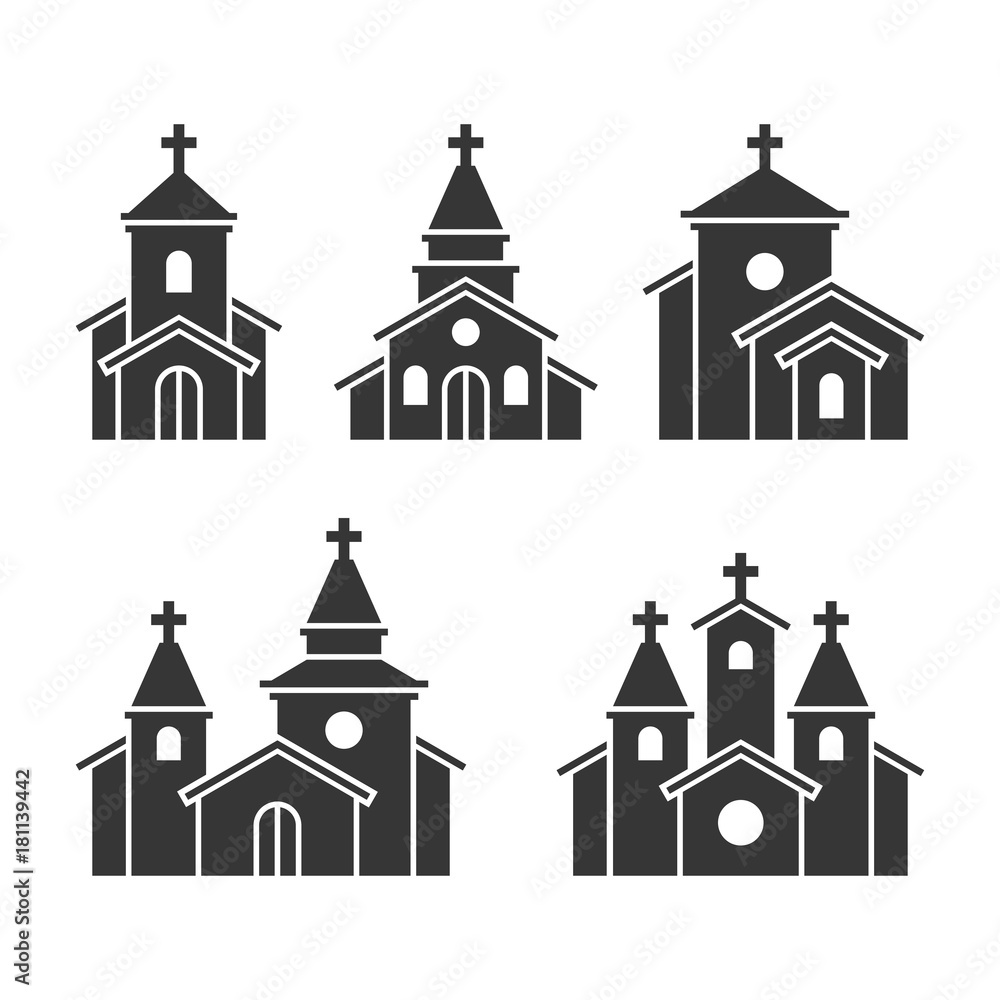 Church Building Icons Set on White Background. Vector
