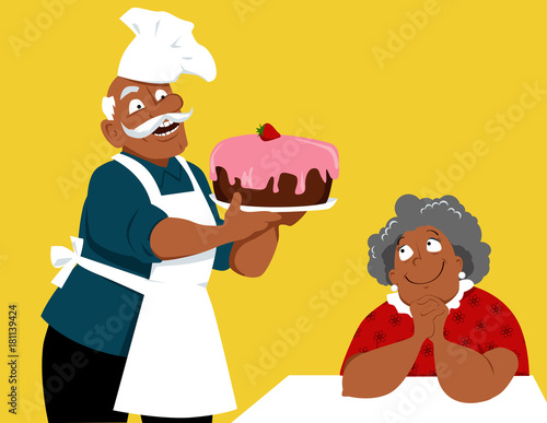 Senior black man in a cook hat and apron holding a cake, his wife looking at him adoringly, EPS 8 vector illustration