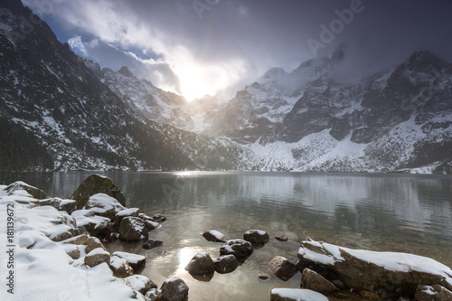 Fototapeta Naklejka Na Ścianę i Meble -  Beautiful winter in Tatra mountains at Eye of the Sea lake, Poland