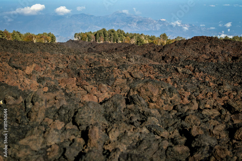 trees with colorful leaves peeping over the lava hills on the volcano Etna in autumn