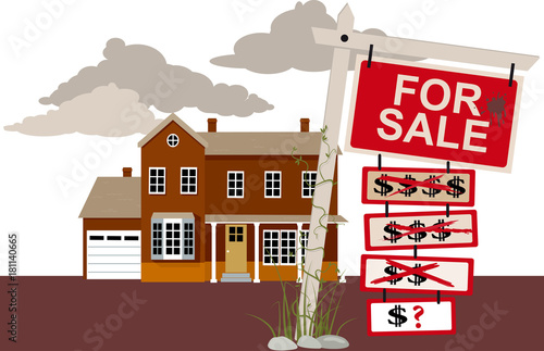 Sale sign with reduced price tags in front of a house, EPS 8 vector illustration