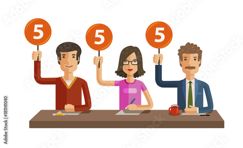 Group of judges jury. People hold up scorecards. Competition, quiz, exam concept. Vector flat illustration