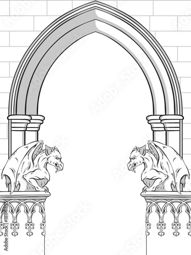 Valokuvatapetti Gothic arch with gargoyles hand drawn vector illustration