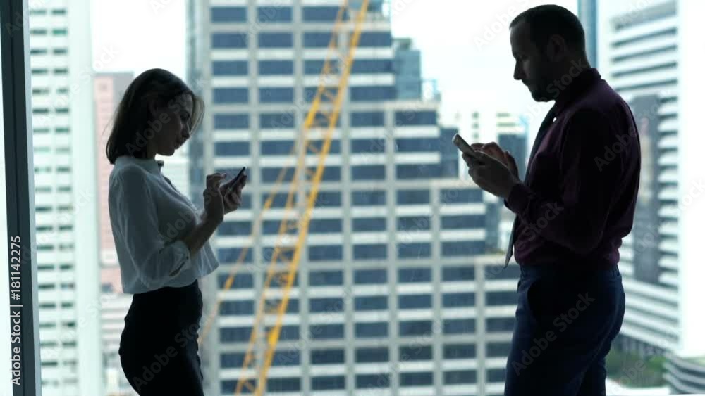 Businesspeople using, texting on smartphones standing by window in office
Businesspeople using, texting on smartphones standing by window in office
