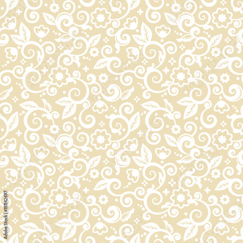 Seamless (you see 4 tiles) elegant white on pale gold abstract floral pattern, print, wallpaper, swatch, texture or background 