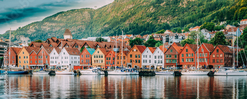 Bergen, Norway. View Of Historical Buildings Houses In Bryggen - photo
