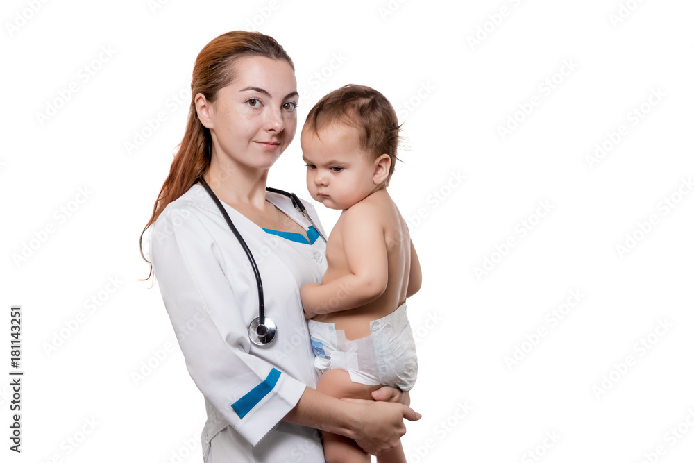 Smiling doctor with small baby isolated on a white background Smiling doctor with small baby isolated on a white background
