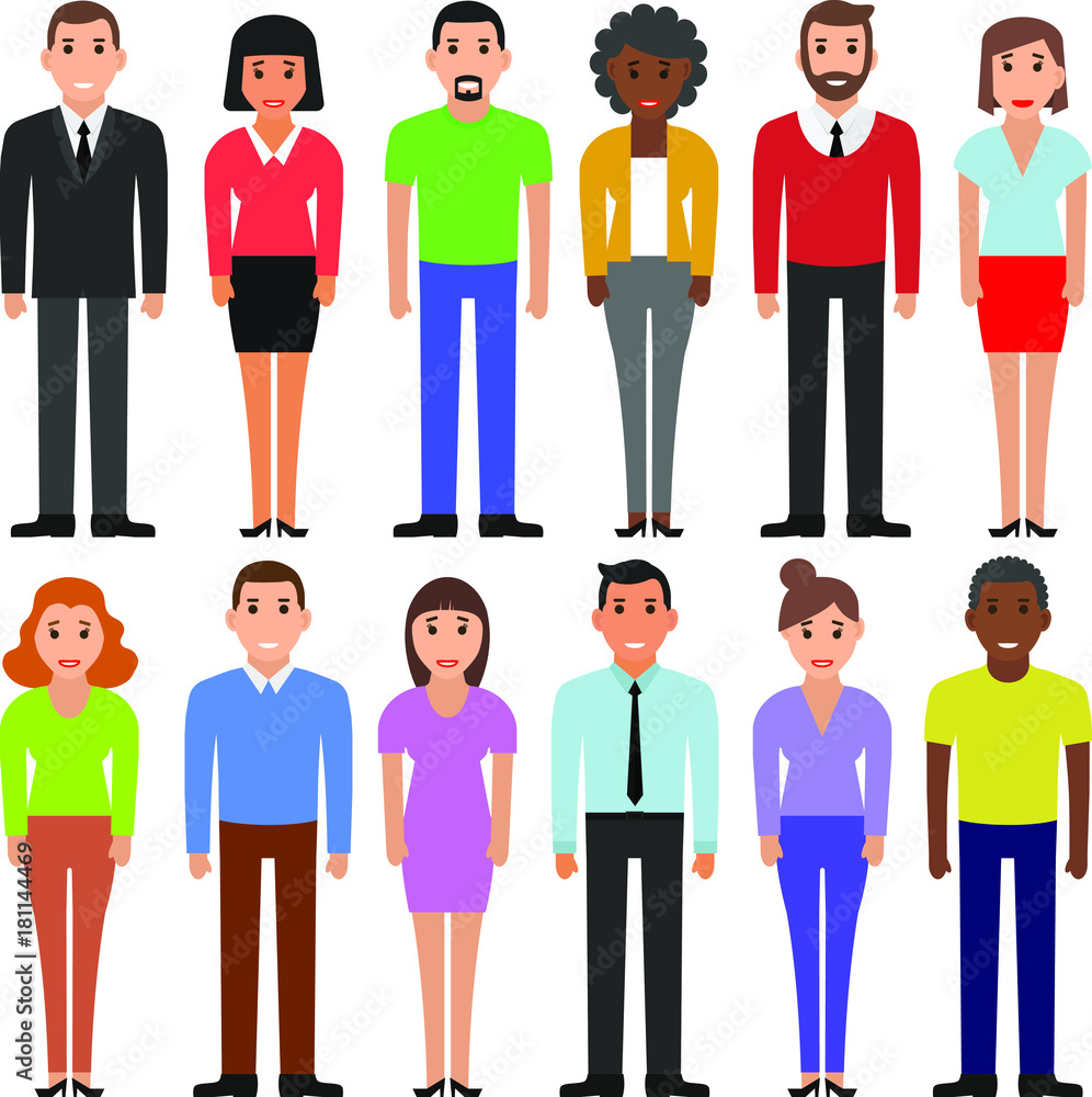 Group of working people standing on white background. Diverse set of cartoon people. Business men and business women in flat design people characters.