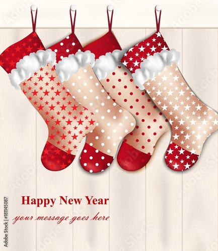 Holidays card invitation with red Christmas socks. Vector realistic
