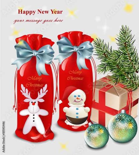 Happy New Year card with gifts and baubles Vector illustrations