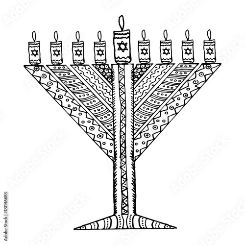 Chanukia style doodle. Triangular Chanukiah Chabad. Jewish holiday of Hanukkah. Hand draw. Sketch. Vector illustration on isolated background.