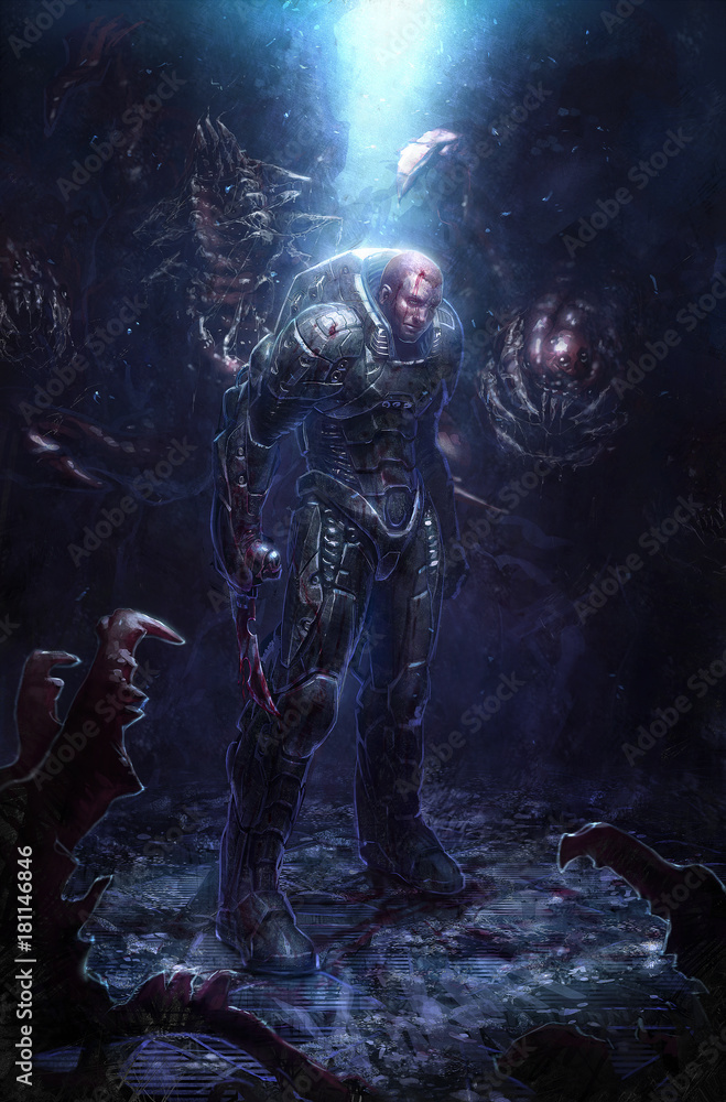 Fototapeta premium cyfrowa ilustracja futurystycznego mężczyzny science fiction, agresywnej postaci w zbroi skafandra kosmicznego, otoczonej przez śmiercionośną obcą istotę