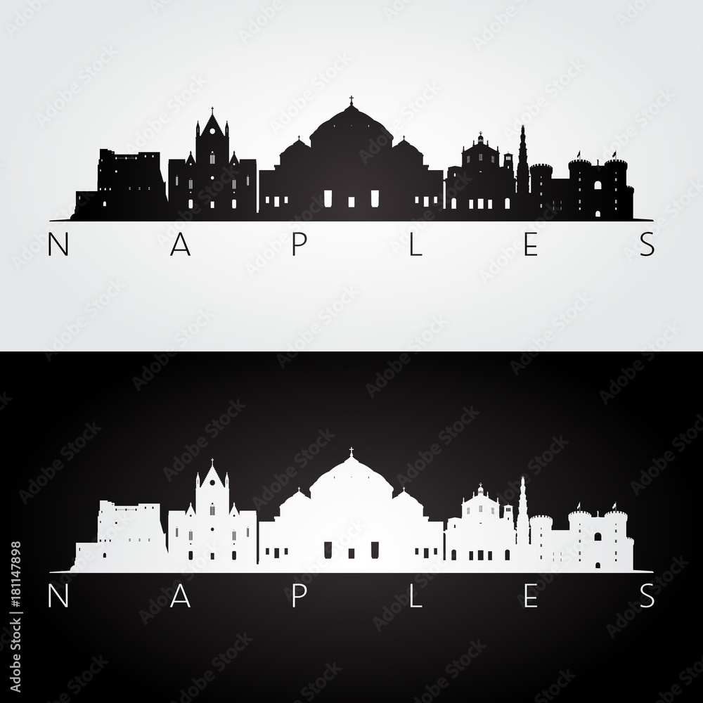 Naples skyline and landmarks silhouette, black and white design, vector illustration.