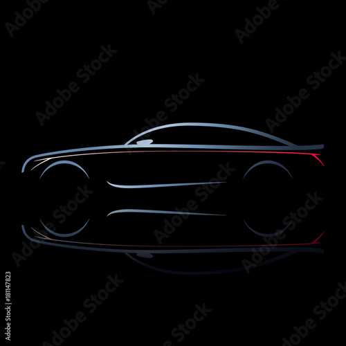 Silhouette of car with burning lights on a black background. Side view. Vector illustration.