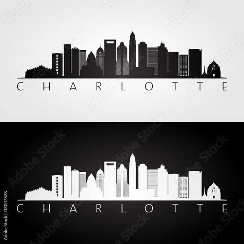Charlotte usa skyline and landmarks silhouette, black and white design, vector illustration.