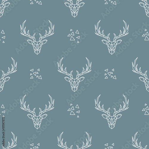 Deer pattern on dark blue background. Vector seamless texture. Geometric style. Cloth, wallpaper,wrapping, card, invitation, wedding, birthday,textile, paper, holiday.