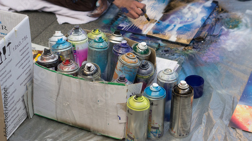 A box of aerosols for drawing for street art