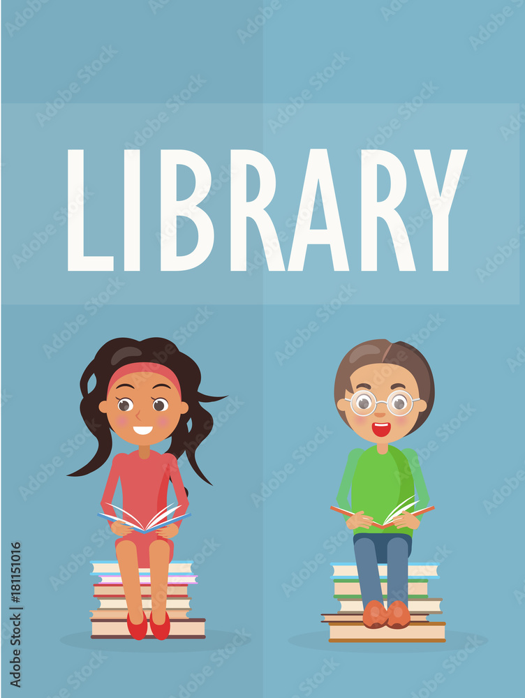 Library Promotion Poster with Kids Illustration Library Promotion Poster with Kids Illustration