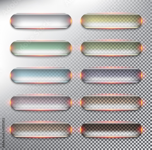 Abstract vector web buttons set of 10. Glass web buttons in pastel colors. Isolated with realistic, transparent glass shine and shadow on the light background. Vector illustration. Eps10.