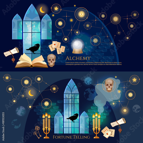 Medieval alchemical laboratory banner. Open book of spells, skull, occult and esoteric. Fortune telling, crystal ball, medieval castle wizard. Vintage key magic objects and scrolls alchemy concept