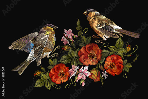Embroidery birds and flowers vector. Classical embroidery bullfinch and titmouse, vintage buds of wild roses. Spring fashion art, template for design of clothes, t-shirt art