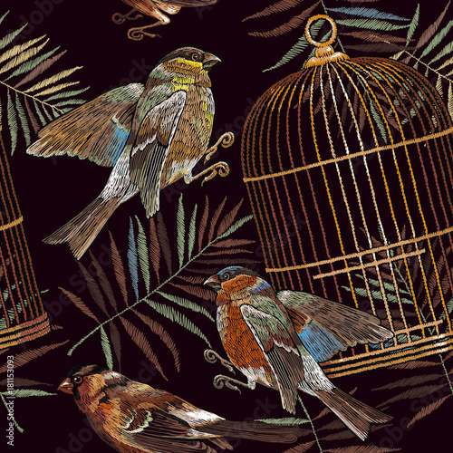 Embroidery birds and golden cage. Freedom art. Classical embroidery bullfinch and titmouse and vintage cage. Summer fashion art, template for design of clothes, t-shirt