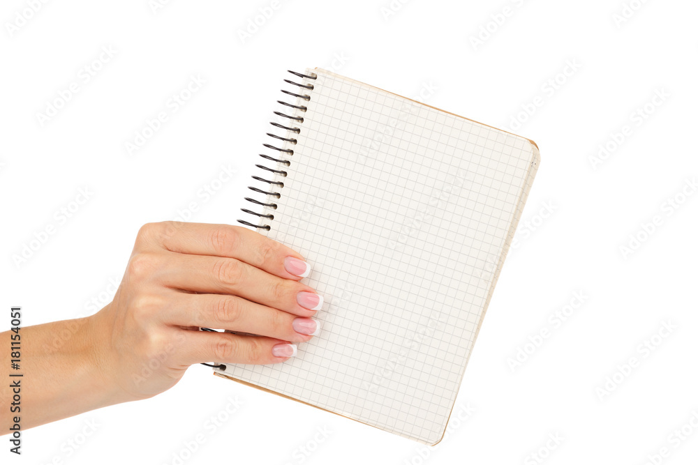 Clean notebook in the woman's hand, isolated Clean notebook in the woman's hand, isolated