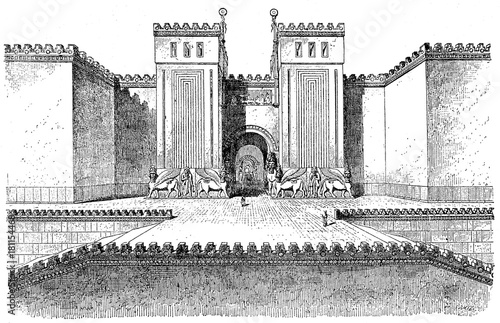  Reconstruction of Ashurnasirpal's palace at Nimrud, assyrian city of Kahhu, built in 865 B.C. decorated with bas-reliefs depicting fantastic otherwordly creatures. photo