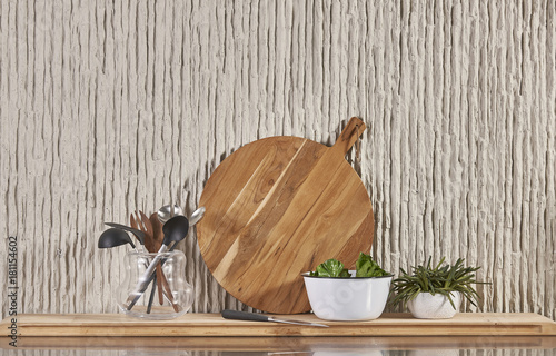 Fototapeta akcesoria kuchenne na tle ściany z drewna
