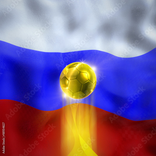 Russia soccer gold ball   3D illustration of golden soccer ball rising in front of Russian Federation flag