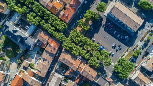 Aerial top view of residential area houses roofs and streets from above, old medieval town background, France
 photo