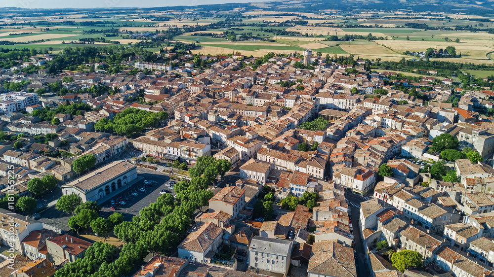 Obraz premium Aerial top view of residential area houses roofs and streets from above, old medieval town background, France 