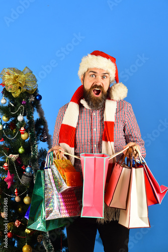 Shopping, sale, gifts, christmas tree and xmas concept