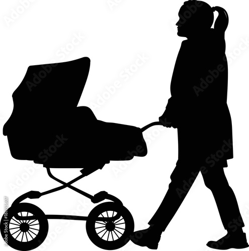 Silhouette of a woman walking with a pram