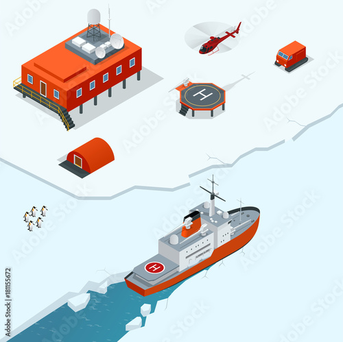 Isometric Antarctica station or polar station with buildings, meteorological research measurement tower, vehicles, helipad and icebreaker.