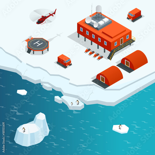 Isometric Antarctica station or polar station with buildings, meteorological research measurement tower, vehicles, helipad.