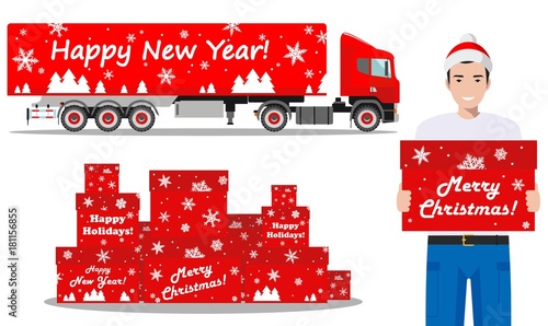 Christmas and New Year delivery. Set of detailed illustration of delivery truck, gift boxes and deliveryman hold the box isolated on white background in flat style. Vector illustration.