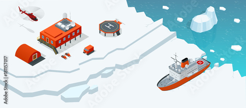 Isometric Antarctica station or polar station with buildings, meteorological research measurement tower, vehicles, helipad and icebreaker.