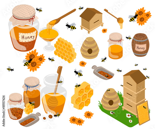Honey products vector flat illustrations. Jars and other honey products on the table. Organic and natural. Banks, bees, honeycombs, bee hives, sunflower isolated on white