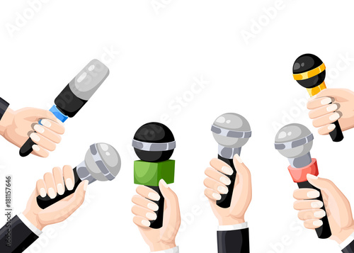 Microphones in reporter hands. Set of microphones isolated on white background. Television, interview. Flat vector illustration. blogging