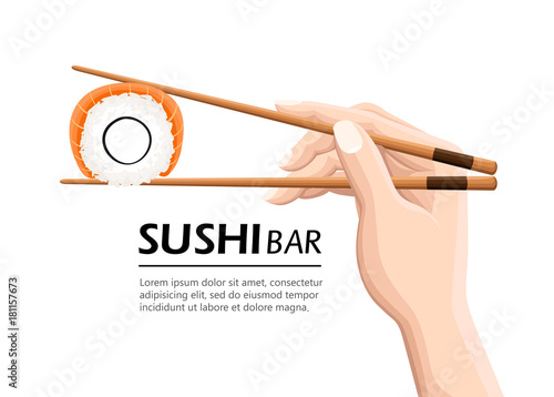 Chopsticks holding sushi roll. Concept of snack, susi, exotic nutrition, sushi restaurant, sea food. Isolated on white background. Modern logotype design vector illustration