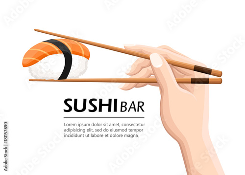 Chopsticks holding sushi roll. Concept of snack, susi, exotic nutrition, sushi restaurant, sea food. Isolated on white background. Modern logotype design vector illustration