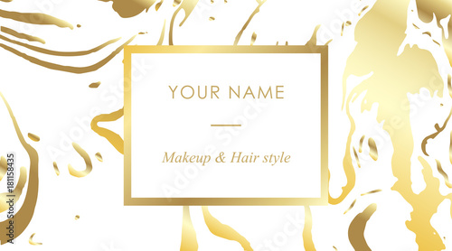 Luxury set Makeup artist and hair stylist business cards vector template, banner and cover with gold marble texture and golden foil details on white background. Branding and identity graphic design. photo