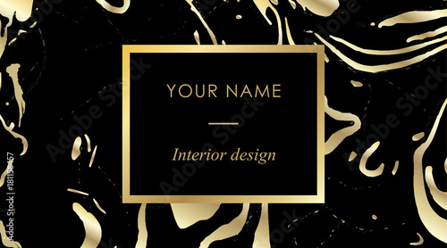 Elegant black luxury business cards with marble texture and gold detail template, banner with golden foil details. Branding identity design design for decorators, artists, fashion bloggers, stylists