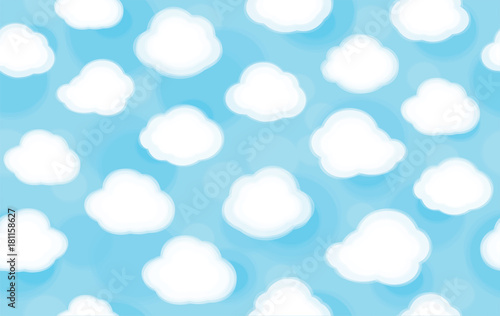 Vector white clouds, blue sky, cute background, seamless pattern.