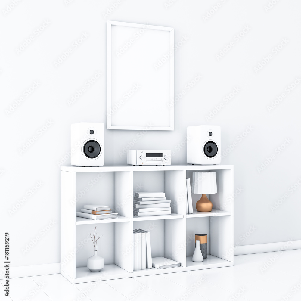 Vertical poster Mockup with white frame hanging on the wall, bureau,  shelving with books and audio system, 3d rendering Stock Illustration |  Adobe Stock