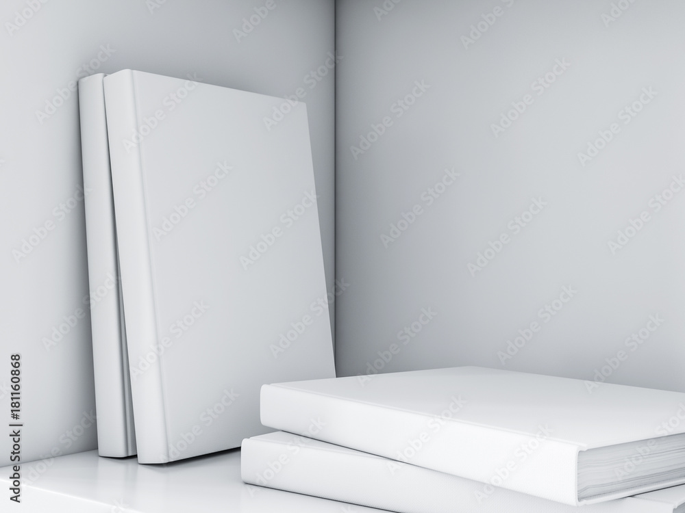 White books mockup in bookshelf. 3d rendering White books mockup in bookshelf. 3d rendering