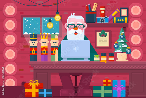 Santa Claus using a laptop.Christmas Greeting Card Design. Work space interior.Flat vector illustration