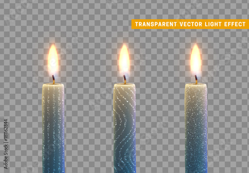 Candles burn with fire. Set of paraffin candles realistic isolated on transparent background. Element for design decor, vector illustration